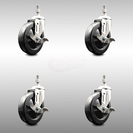 Service Caster 5 Inch 316SS Soft Rubber Wheel Swivel 12mm Threaded Stem Caster Set Brake SCC-SS316TS20S514-SRS-TLB-M1215-4